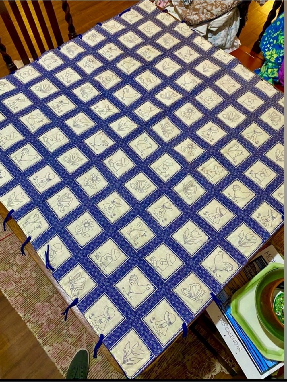 Handmade Wall Hanging or Crib Quilt.  Blue and white 4 in squares w/ties on ends